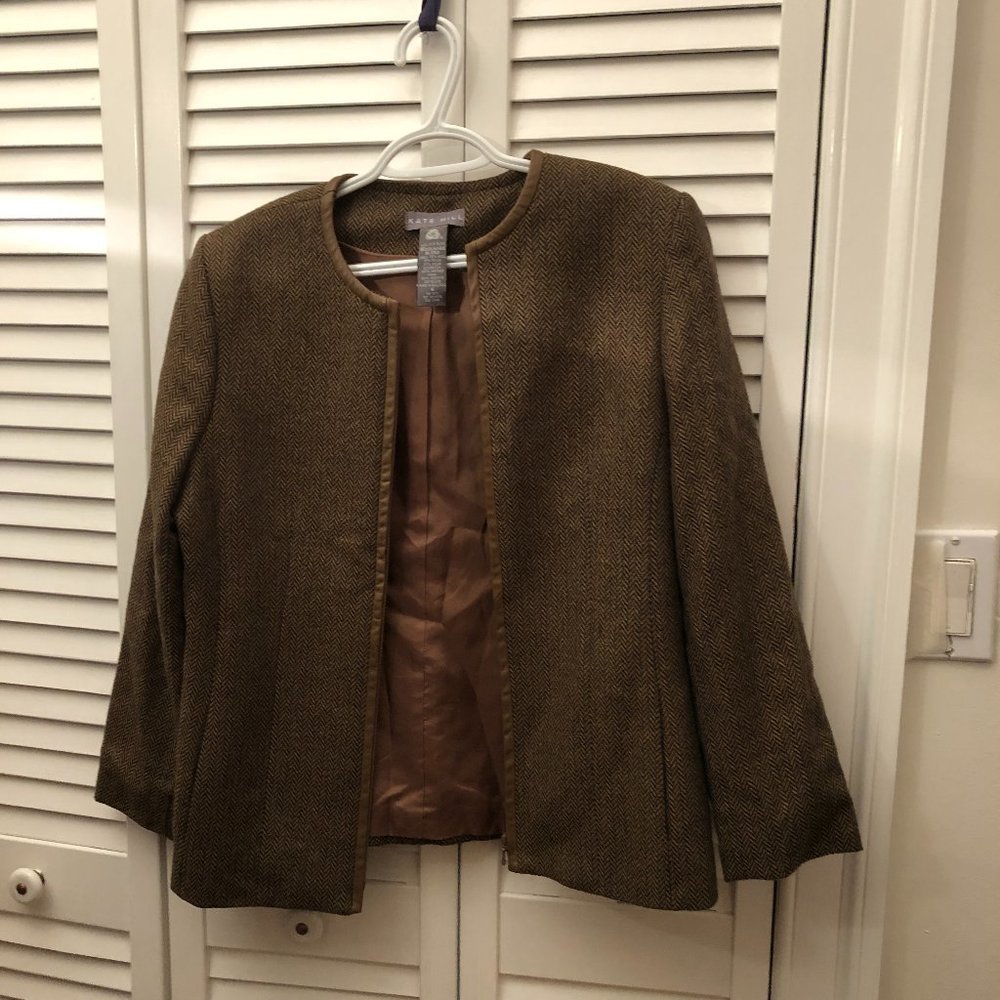Kate Hill Petites Wool Leather brown Herringbone Jacket, 6